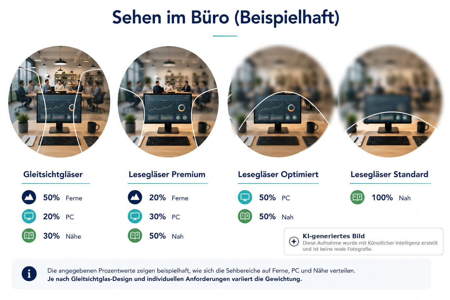 Ein Paar Beispiele für das Sehen mit verschiedenen Brillengläsern im Büro.